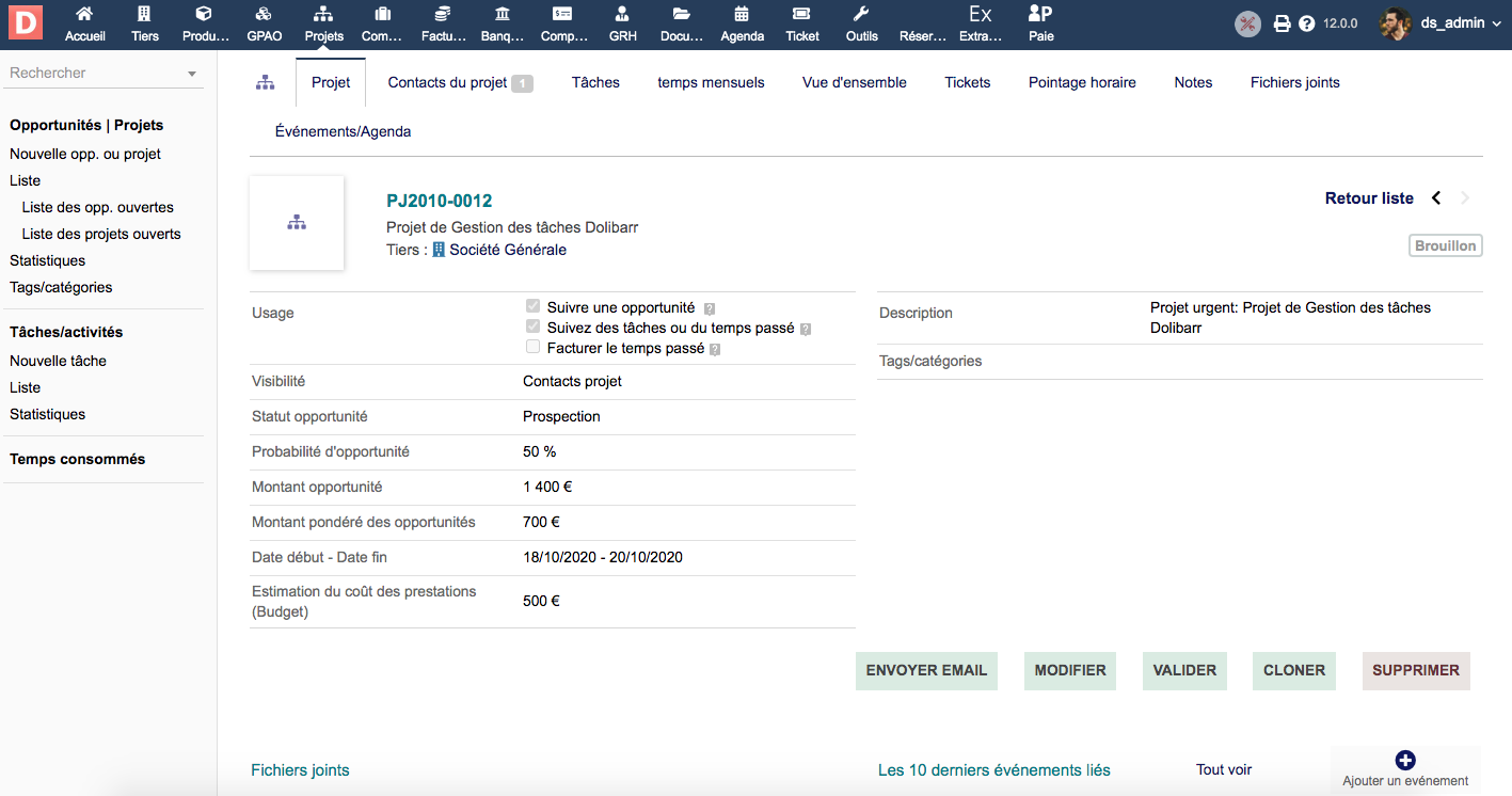 Detail de la fiche Projet sous Dolibarr