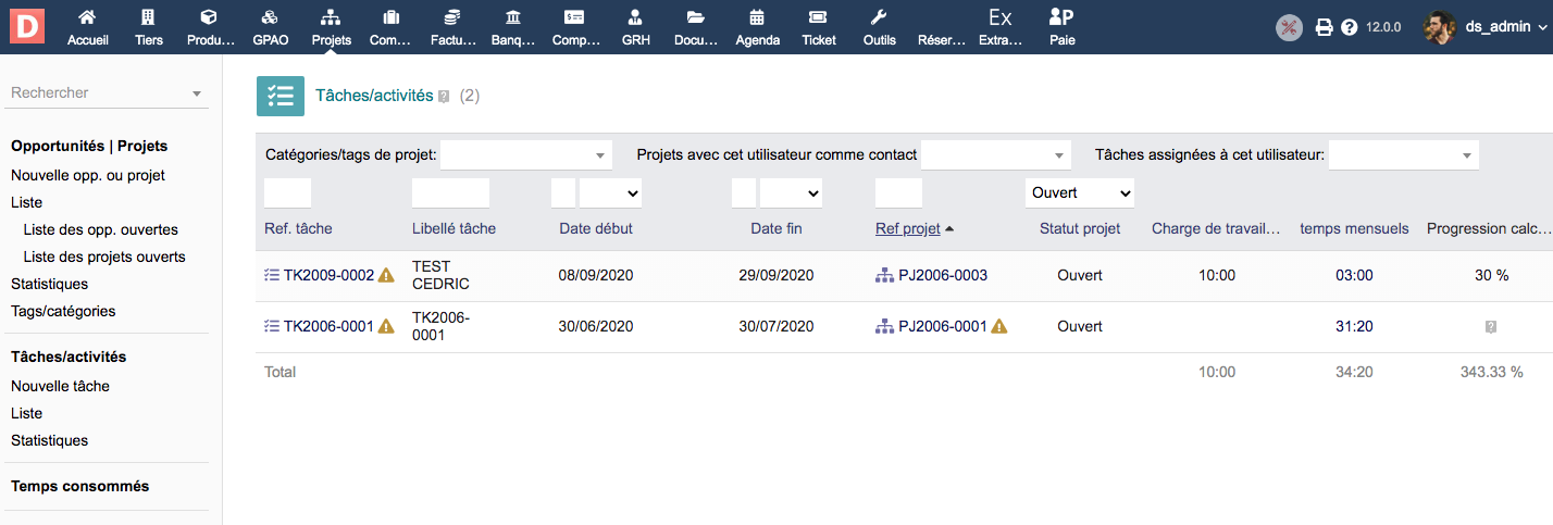 Liste des tâches des projets Dolibarr